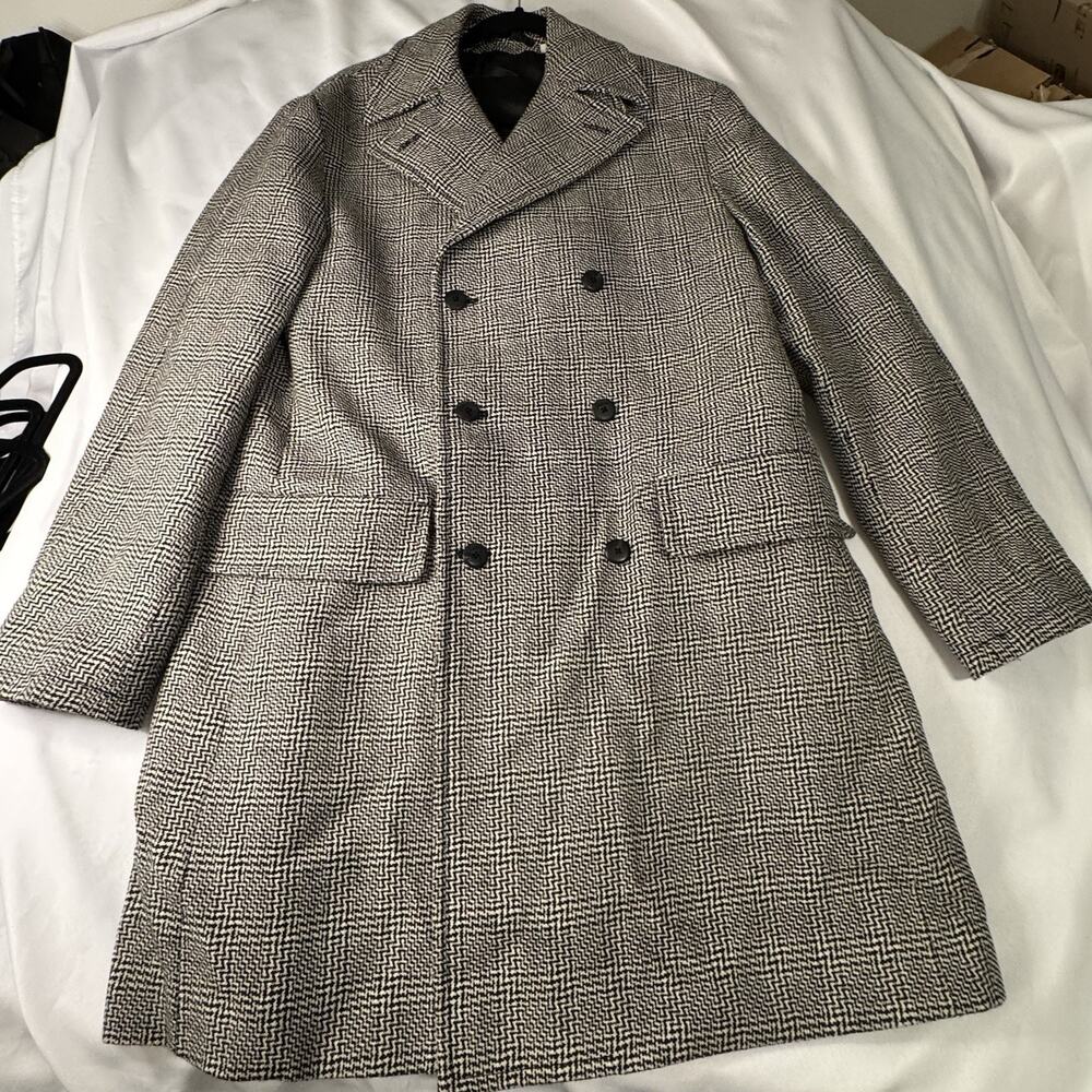 Faconnable Mens Overcoat 40US/50 Italy Black Herringbone 100% Wool Made in Italy